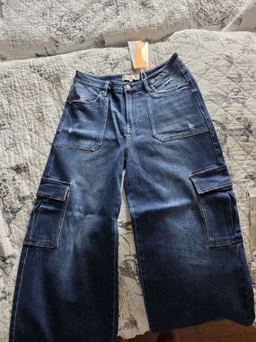 Risen Wide Leg Cargo Jeans in Dark Indigo